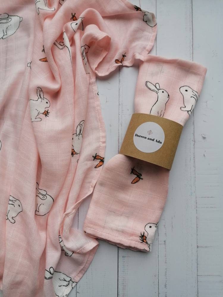 Rabbit and carrot print organic cotton muslin square for babies
