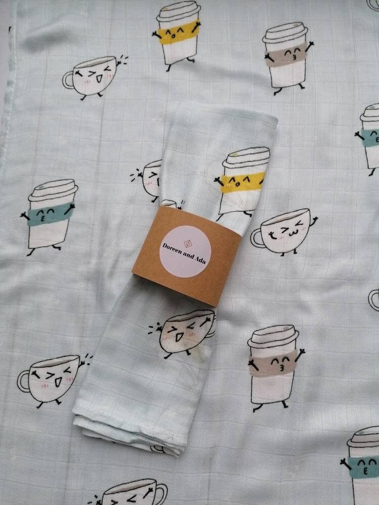 Coffee cup print organic cotton muslin square