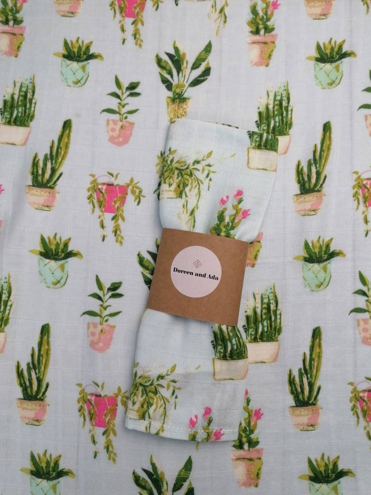 Houseplant and potted plant print organic cotton muslin square with botanical design