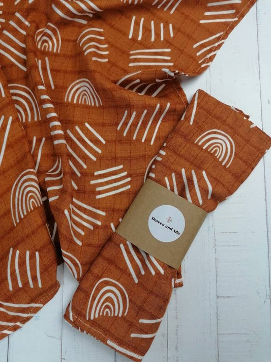 Rust orange rainbow print organic cotton muslin square